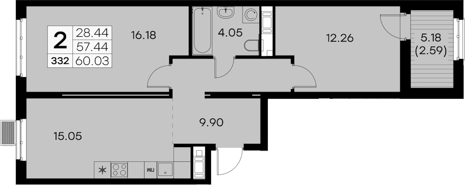 2-комнатная квартира 60.03 м², 9/9 эт., ЖК «Glorax City Балтийская»